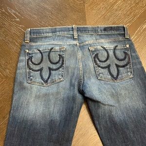 Express DPD medium/dark wash low rise skinny stretch Fleur De Lis jean size 28